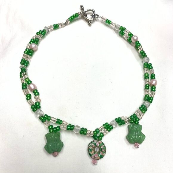 Pearl-sterling silver-heart-frog-glass necklace  - Picture 1 of 10